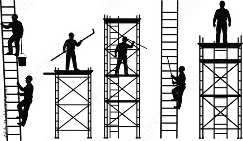 Construction worker silhouettes on scaffolding, ladder climbing and building maintenance vector setConstruction worker silhouettes on scaffolding, ladder climbing and building maintenance vector set