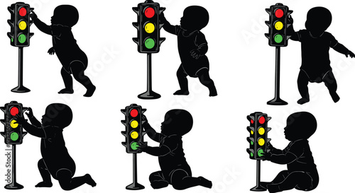 Baby silhouette playing with traffic light, child safety education concept, learning colors, road awareness, and playful childhood illustration in black vector style