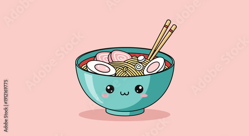 Cartoon ramen bowl illustration with noodles eggs and chopsticks