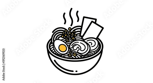 Bowl of ramen noodles illustration with egg mushrooms and seaweed