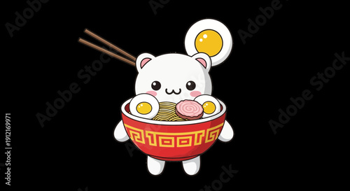Cartoon bear with ramen bowl food illustration isolated on black background