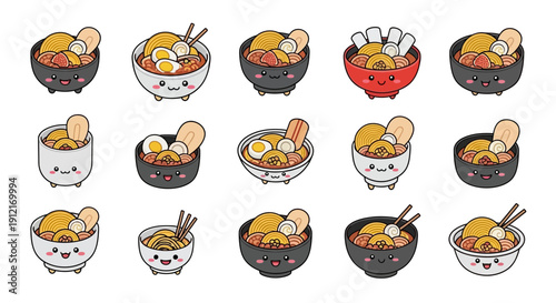 Cartoon bowls of noodles with eggs and chopsticks on white background