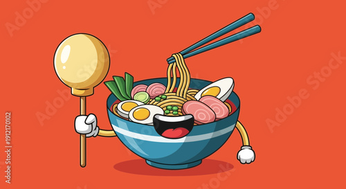 Cartoon ramen bowl holding a spoon with chopsticks and smiling