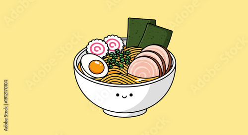 Cartoon ramen bowl illustration with egg noodles and toppings on yellow background