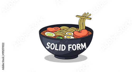 Cartoon ramen bowl illustration with noodles and chopsticks isolated