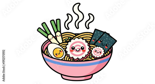 Cartoon ramen bowl illustration with noodles egg and vegetables on white