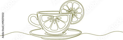 Elegant tea cup with lemon slice on saucer, modern line art design