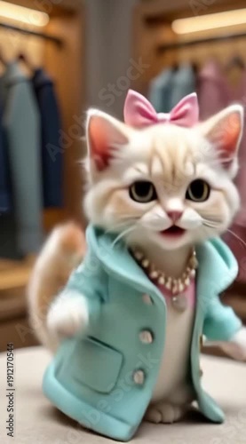 Animated cat wearing stylish coat and necklace in store setting  