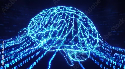 Digital brain with glowing circuits against binary code background  