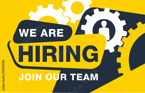 We are hiring banner with gear mechanism metaphor.