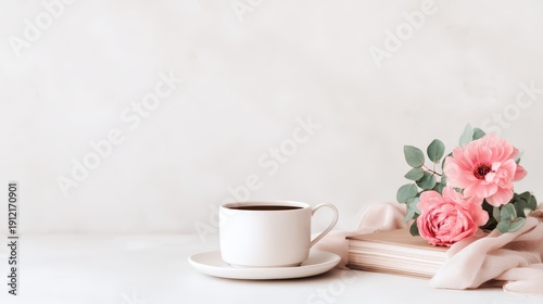 Coffee cup sits next to pink flowers and a book on a simple table in a light setting during the morning