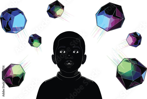 Child portrait illustration with abstract colorful geometric shapes symbolizing imagination, creativity, ideas, future thinking, and abstract mind concept