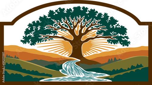 Majestic tree with sunburst and flowing river in a vibrant natural landscape illustration, symbolizing life and growth