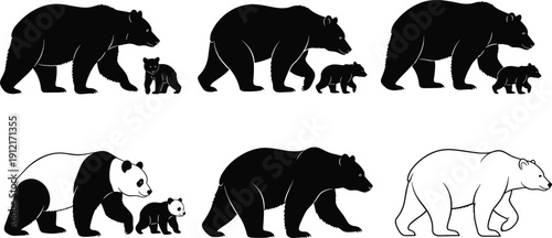 Bear and cub illustrations featuring panda, polar, and black bear species, vector design for wildlife, family, educational, nature themes