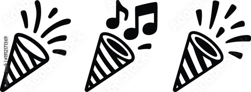 Minimalist black and white vector icons showing party poppers exploding with confetti and musical notes, perfectly capturing the loud, joyful spirit of celebration and festive events.