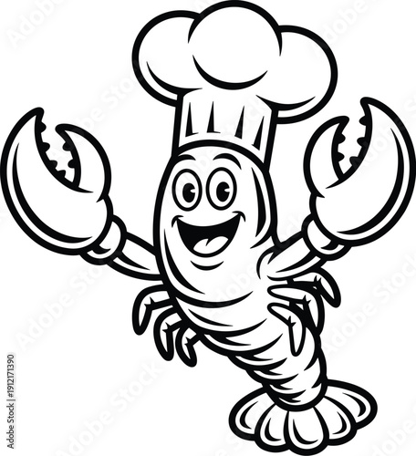 A happy cartoon lobster chef mascot wearing a tall toque blanche, enthusiastically presenting with large claws in a dynamic, isolated black and white vector graphic.