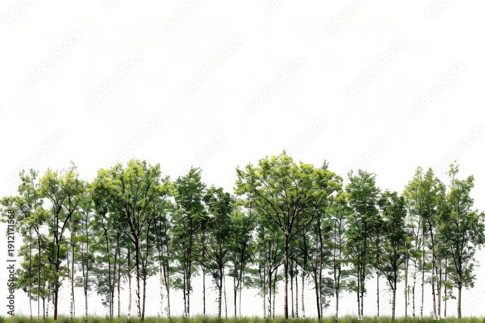 Fototapeta premium A collection of lush trees. Lush green canopies and trunks create a vibrant scene, showcasing natural beauty.