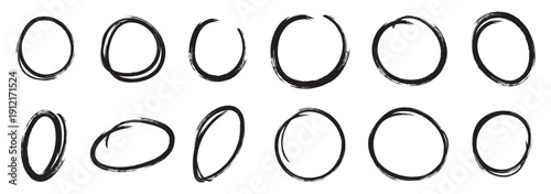 Black hand drawn circle set. Ellipse, round and oval sketched frame collection. Encircle element pack. Red marker note signs for mark, emphasis, accent, highlight. Scribbled doodle borders. Vector