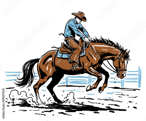 Canvastavla Dynamic Cowboy Horseback Rider in Western Hat, vintage comic book style hand drawn sketch illustration for rodeo event poster or logo