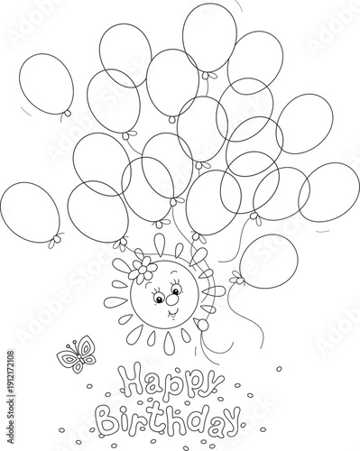 Birthday card with a cartoony little Sun and flying toy balloons, black and white outline vector cartoon illustration for a coloring book