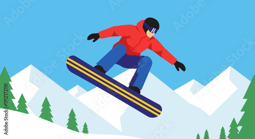 A person snowboarding in mid-air above snowy mountains surrounded by green trees from a front viewpoint