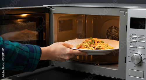 Conveniently warming a delicious meal Hand placing a fresh plate of food into a modern microwave oven
