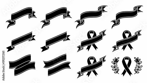 A collection of black ribbons and banners on a white background Vector