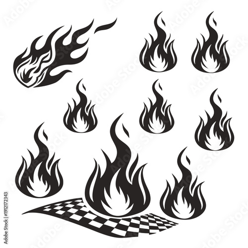 A collection of flame decals with a checkered flag Vector