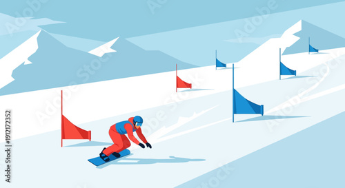 A snowboarder navigates a slalom course marked by red and blue gates on a snow-covered mountain slope.