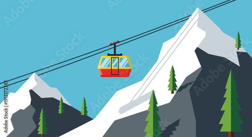 A bright red and yellow cable car ascends a snowy mountain range under a clear blue sky, with evergreen trees dotting the slopes.