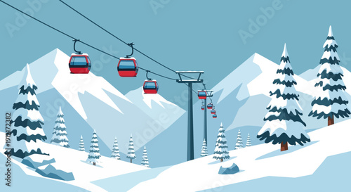 Vibrant illustration of a winter mountain landscape with red ski lift gondolas ascending snowy peaks and pine trees under a clear blue sky.