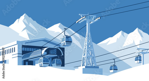 A detailed illustration of a modern gondola lift system at a snowy mountain ski resort with cabins, pylon, and station building under a clear blue sky.
