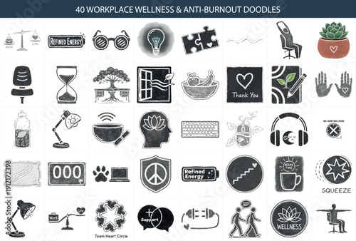 40 Workplace Wellness Icons - Hand-Drawn Anti-Burnout Chalky Charcoal Vector Bundle