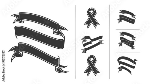 A collection of black ribbons and bows on a white background Vector