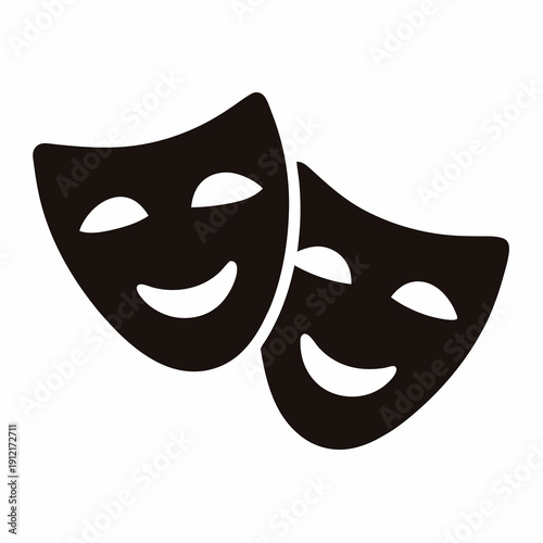 Two theatrical comedy masks representing drama, play, entertainment, and performance