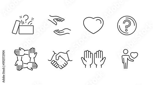 Collection of minimalist icons: giving, helping hands, heart, puzzle, unity
