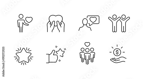 Simple line icons of people with heart, star, and money symbols