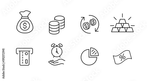 Finance icons set: money bag, coins, currency exchange, gold bars, atm, clock, pie chart, percentage