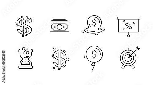 Finance icons: dollar sign, money stack, graph, percentage trophy, target