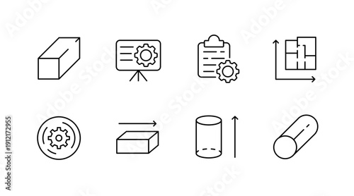 Set of engineering and design icons featuring gear, cube, and chart elements