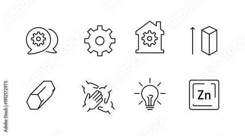 Technology and innovation icons: gear, growth, house, hands, light bulb, zinc, crystal