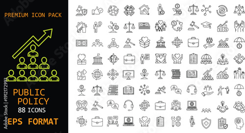 Public policy premium icon pack. Government, economy and social development line symbols. Law, finance and governance concepts. Clean outline EPS vector set.