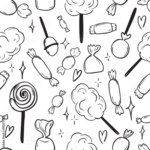 Hand-drawn vector pattern featuring various sweets, including cotton candy, lollipops, and candies on a white background.