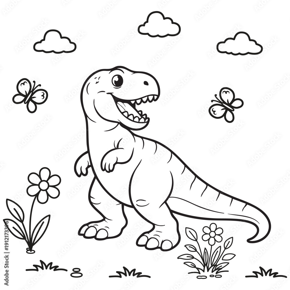 Obraz premium Cute Dinosaur Coloring Page Hand Drawn Outline Illustration for Kids
