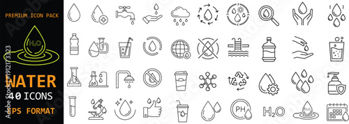 Water icon pack collection. Premium water and hydration line icons set. Drop, purification, recycling and supply outline symbols. Environmental and healthcare vector icons in EPS format.