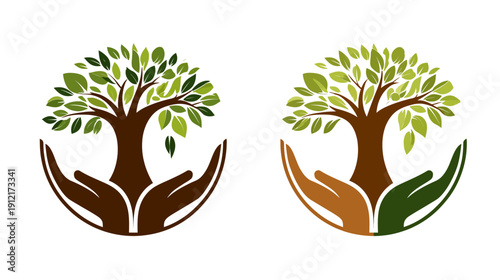 Tree in cupped hands logo concept. Symbol of nature protection, environmental care, growth, sustainability, and organic life.