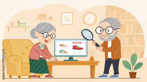 Elderly couple shopping online together at home with computer