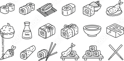 Japanese Sushi Food Outline Icon Set with Rolls, Nigiri, Sashimi, Chopsticks, and Traditional Asian Cuisine Symbols