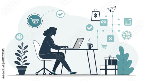 Freelancer working remotely with laptop and online shopping icons