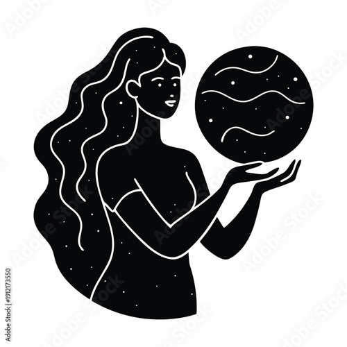 A woman holds a celestial body in her hand in a black and white illustration